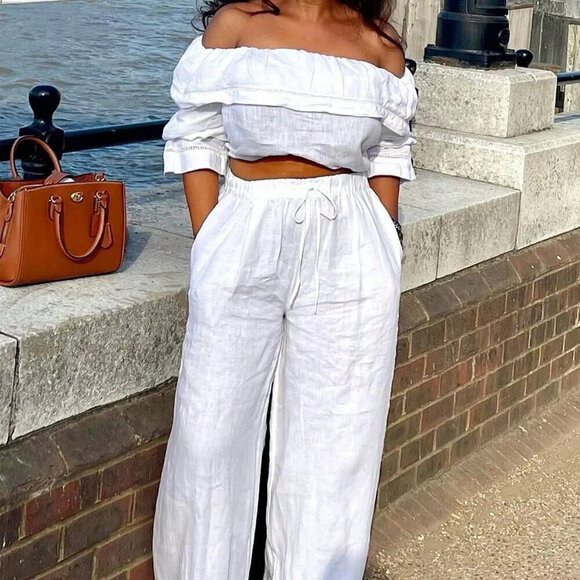 White Casual Women's Off-The-Shoulder Crop Top & Pants set - Picture 5 of 5